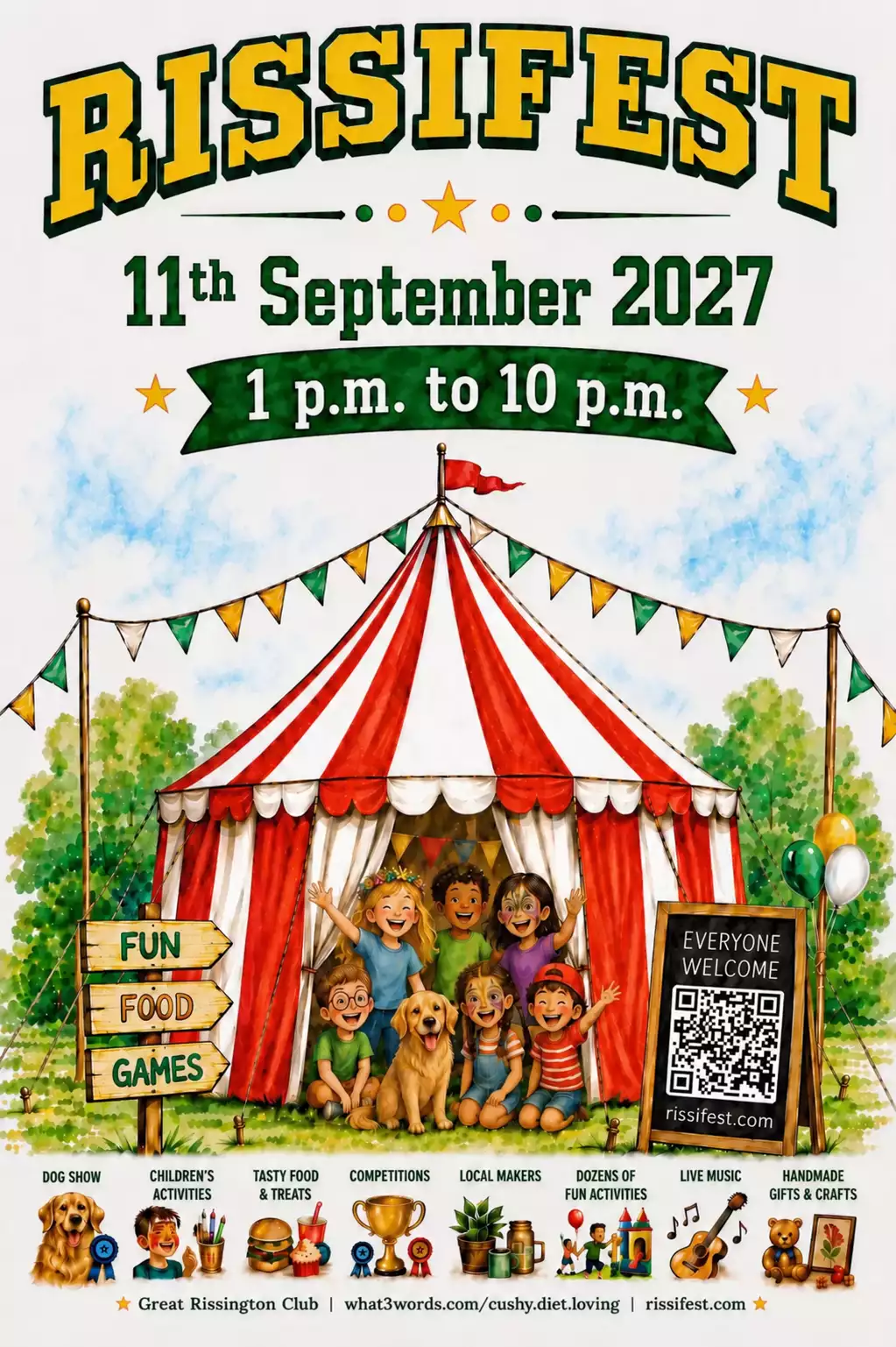 RissiFest on 11 September, 1 p.m. to 10 p.m., featuring a striped festival tent, children, a dog, activities, local makers, food, competitions and live music