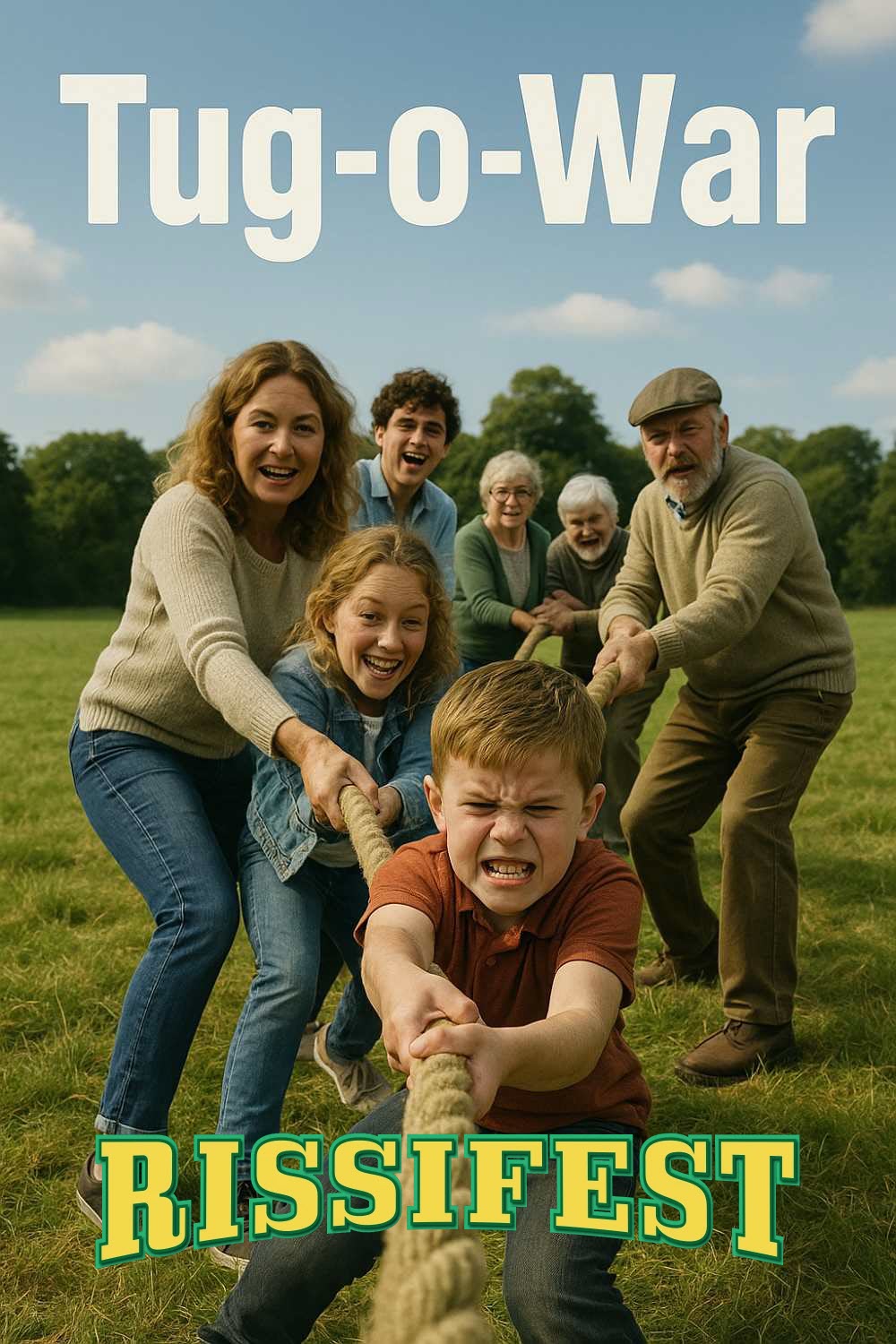 Families enjoying tug-of-war